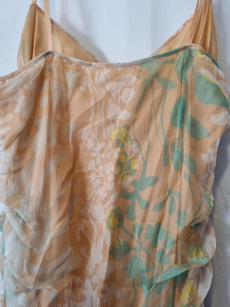 Imoda Chiffon Peach Floral Ruched Layered Casual Silk Dress Size 1213