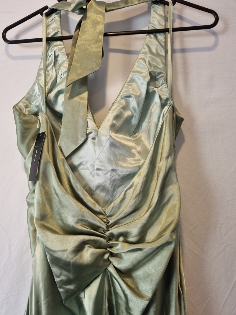 Giovanni Satin Green Ruched Beaded Halter Neck Evening Bridesmaid Dress Sz 1011