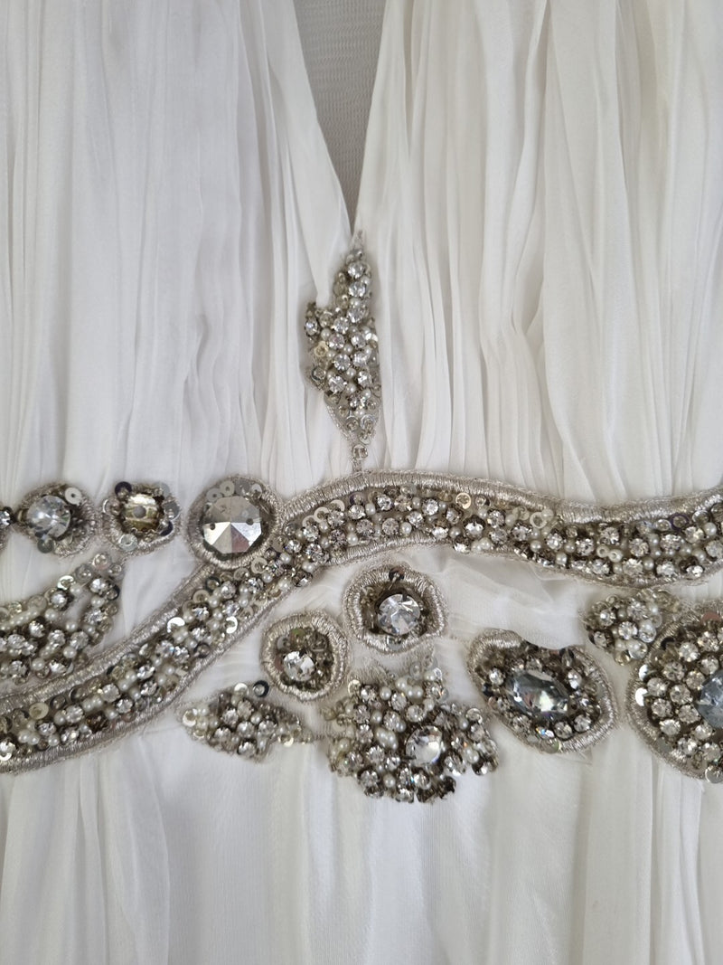 Imoda Ivory Chiffon Halter Neck Ruched Crystal Bead Backless Wedding Dress Sz 64