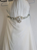 Imoda Ivory Chiffon Ruched Crystal Beaded Train Wedding Dress Sz 82