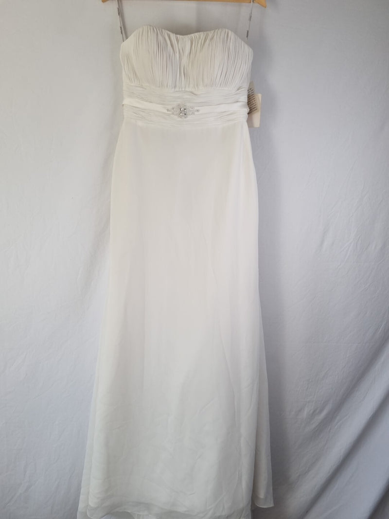 Imoda Ivory Chiffon Ruched Pearl Beaded Train Wedding Dress Sz 100
