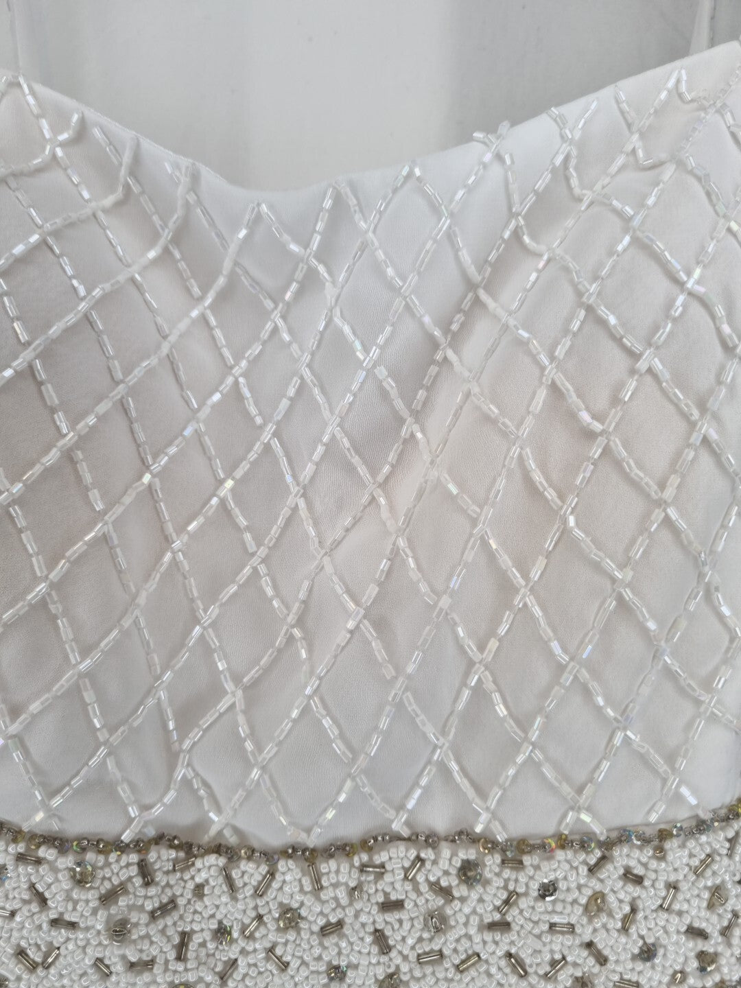 Imoda White Chiffon Pleated Beaded Tiered Strapped Wedding Dress Sz 147