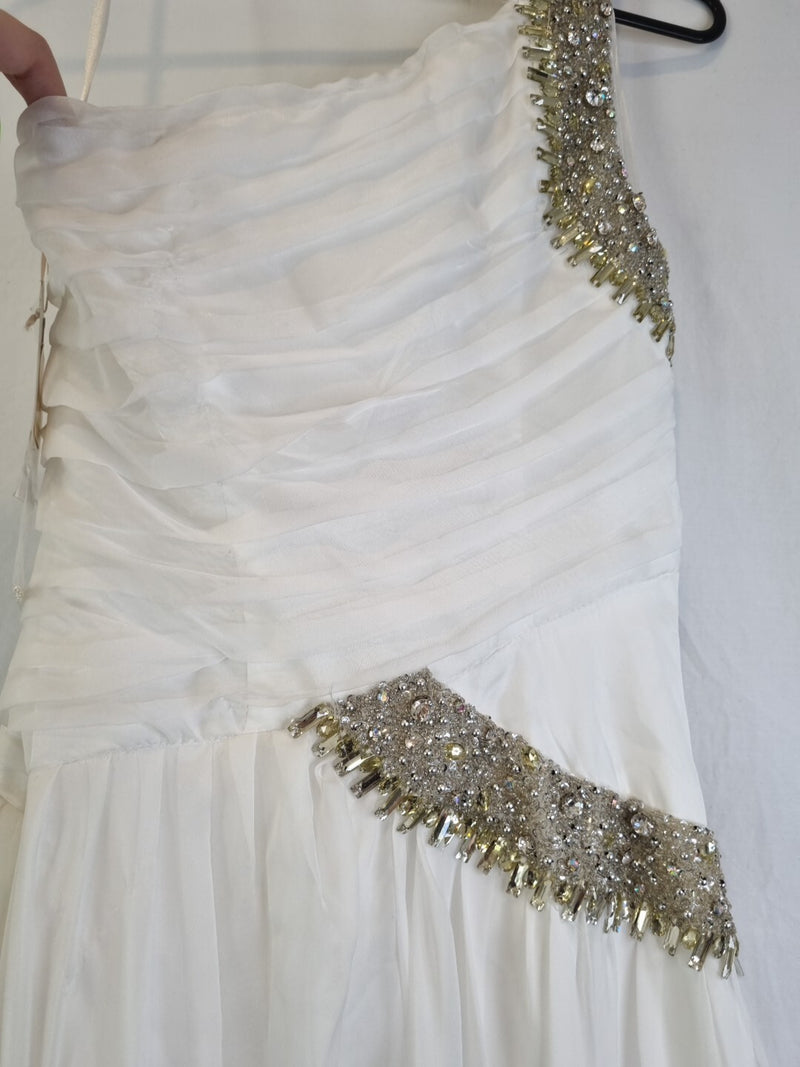 Imoda Ivory Chiffon One Shoulder Ruched Crystal Diamante Bead Wedding Dress Sz 89