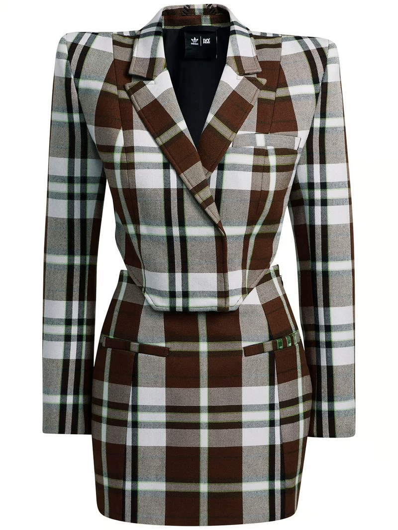 Adidas x Ivy Park Beyonce Mini Skirt Tailored Dress Suit Plaid Brown HG2366 S3