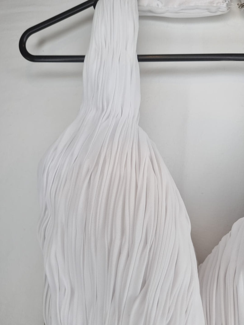 Imoda White Chiffon Ruched Pleated Beaded Grecian Empire Wedding Dress Sz 125