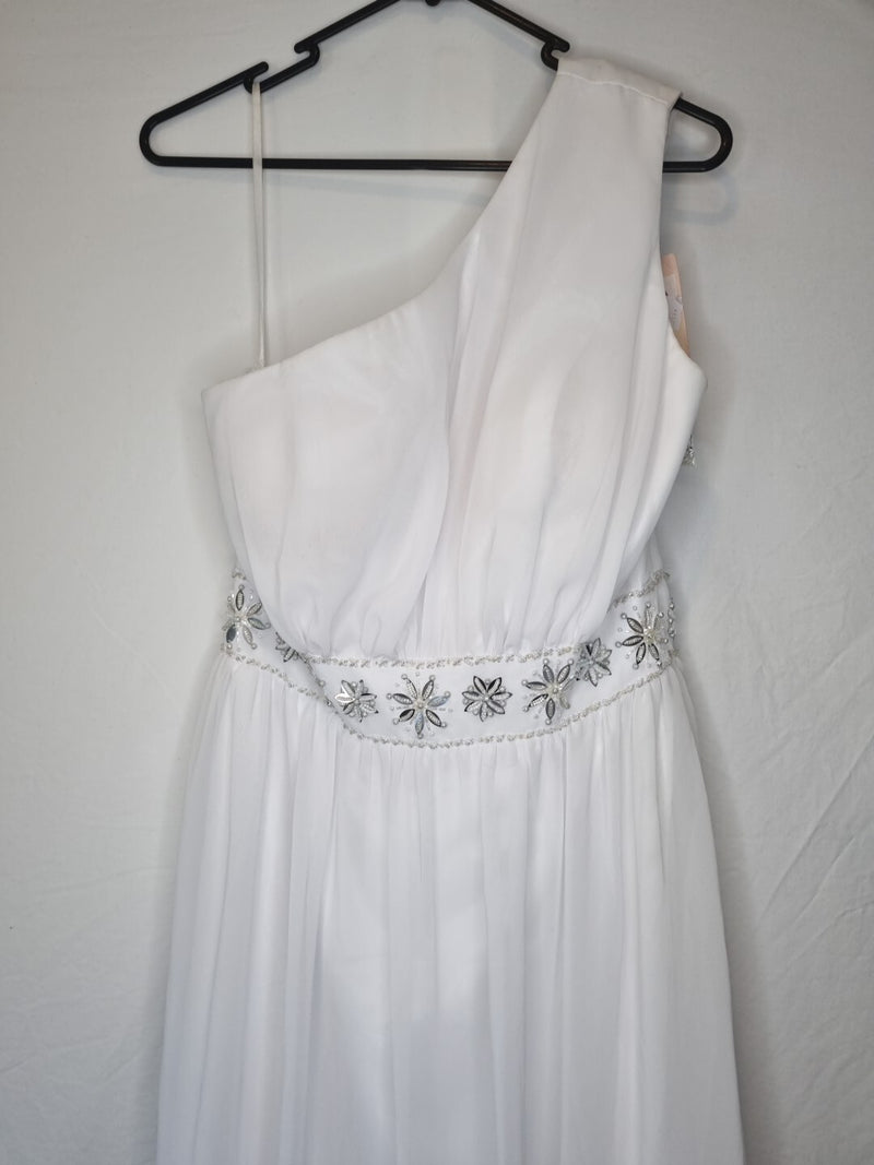 Imoda White Chiffon Gathered Beaded One Shoulder Empire Wedding Dress Sz 122