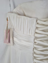 Imoda Ivory Chiffon Ruched Pearl Beaded Train Wedding Dress Sz 1012