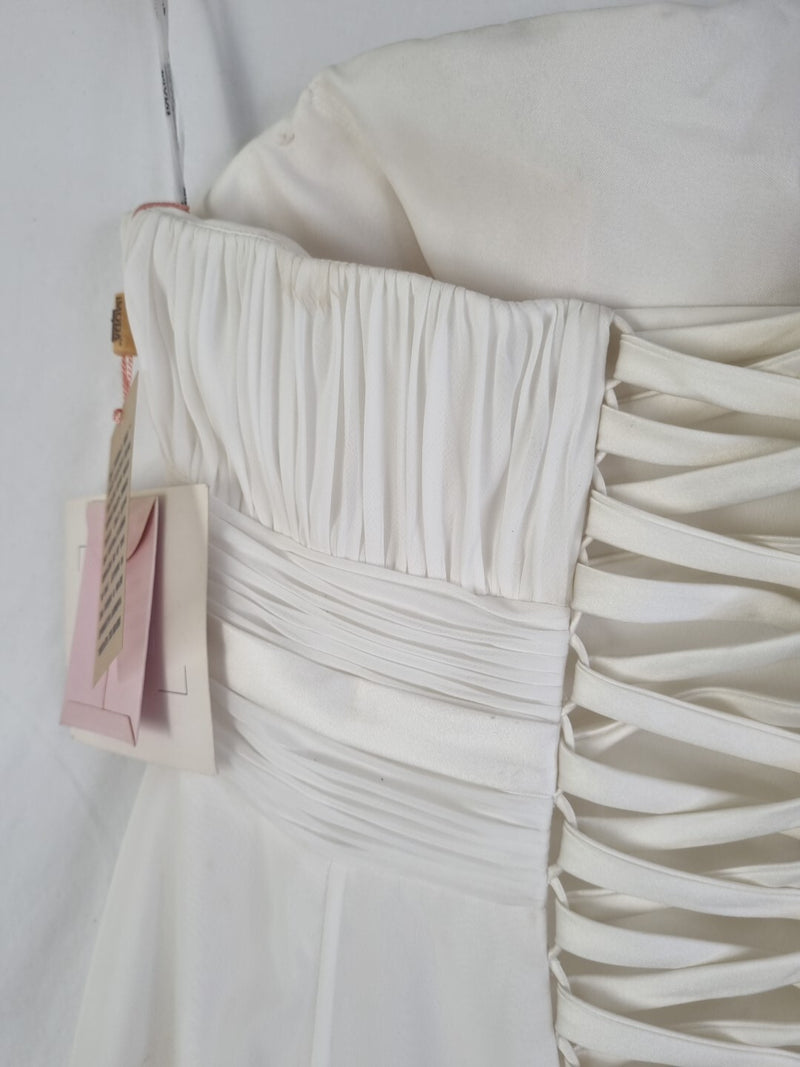 Imoda Ivory Chiffon Ruched Pearl Beaded Train Wedding Dress Sz 1012