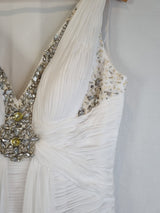 Imoda White Chiffon V neck Beaded Ruched Crystal Fitted Wedding Dress Sz 124