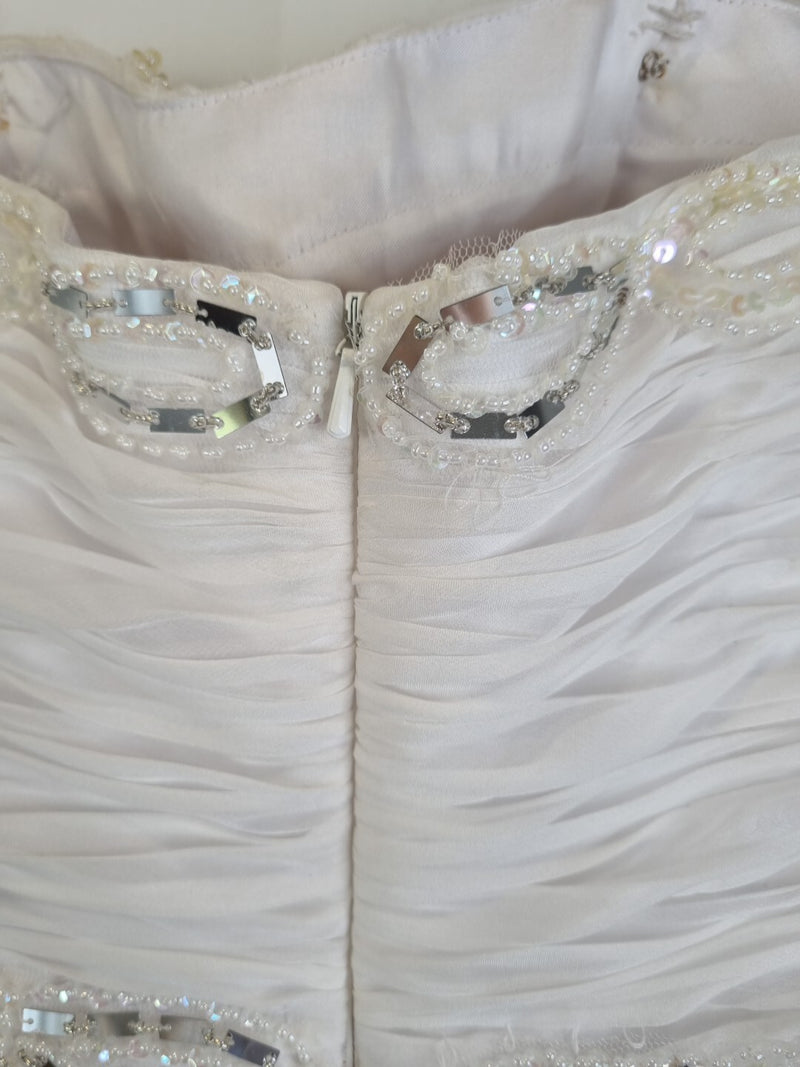 Imoda White Chiffon Sweetheart Ruched Beaded Pearl Wedding Dress Sz 1012