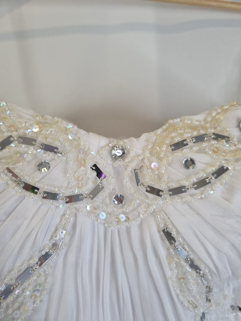 Imoda White Chiffon Sweetheart Ruched Beaded Pearl Wedding Dress Sz 106