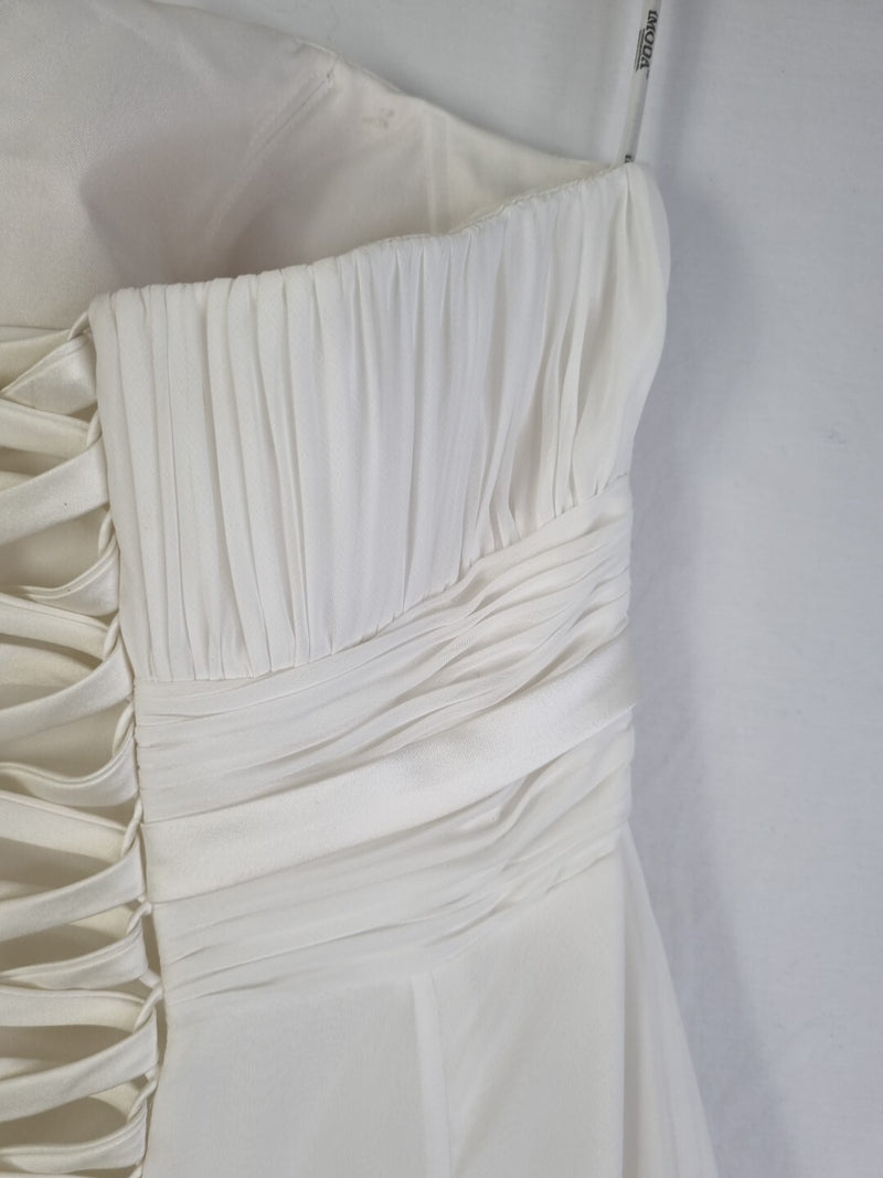 Imoda Ivory Chiffon Ruched Pearl Beaded Train Wedding Dress Sz 1011