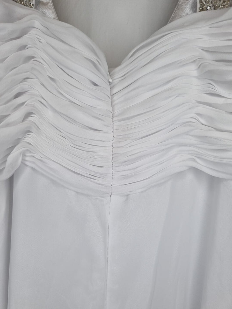Imoda White Chiffon Ruched Beaded Scoop Neck Empire Wedding Dress Sz 1013