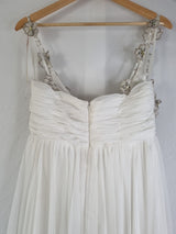 Imoda Ivory Chiffon Ruched Crystal Diamante Beaded Flowers Wedding Dress Sz 1410