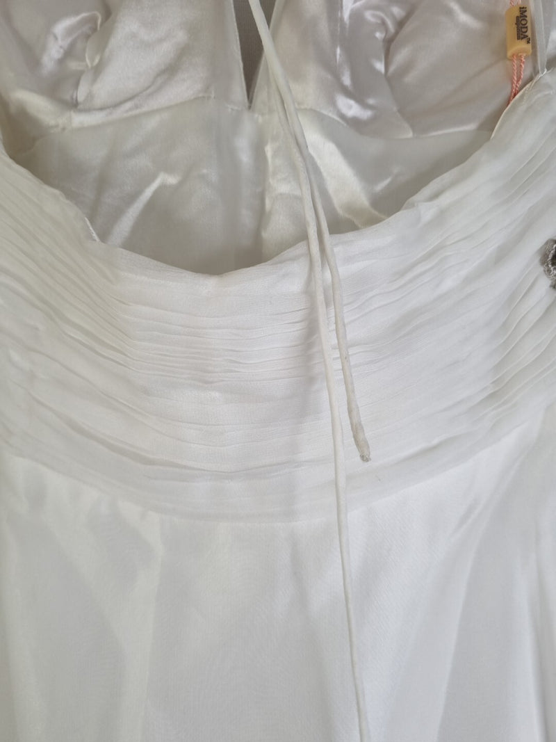 Imoda Ivory Chiffon Halter Neck Ruched Crystal Bead Backless Wedding Dress Sz 612