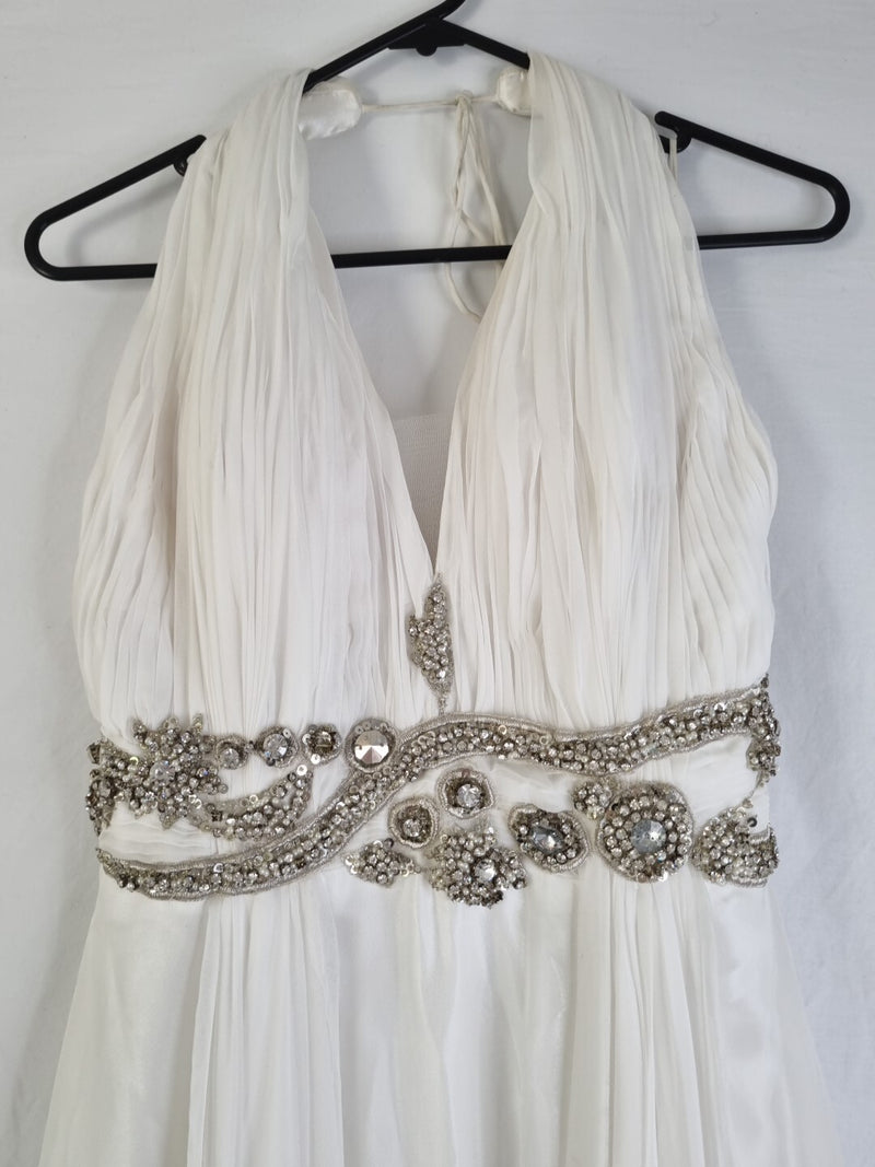 Imoda Ivory Chiffon Halter Neck Ruched Crystal Bead Backless Wedding Dress Sz 63