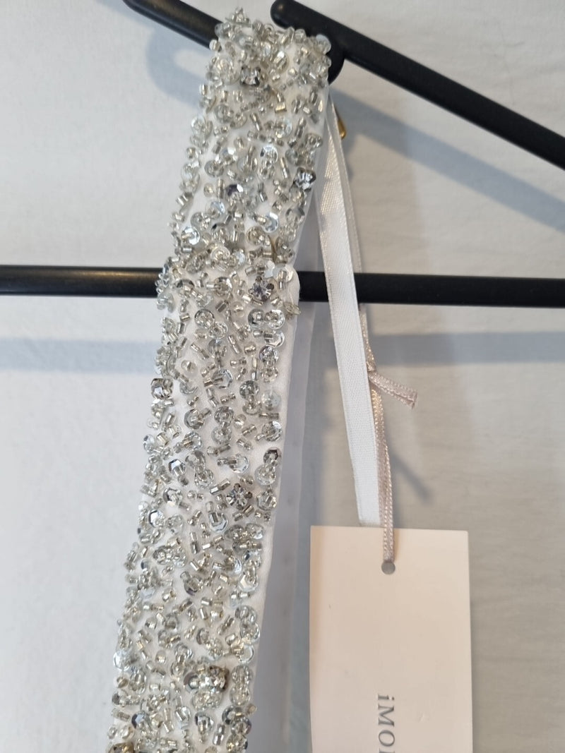 Imoda White Chiffon Ruched Beaded Scoop Neck Empire Wedding Dress Sz 127