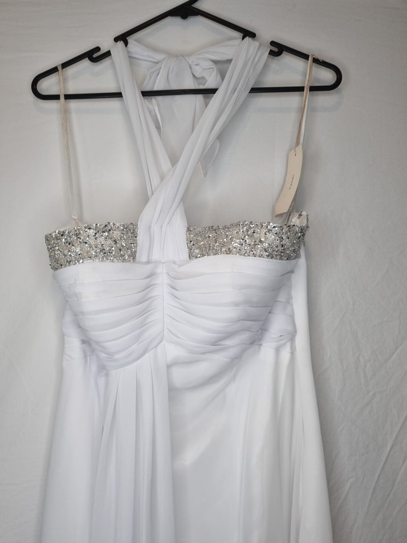 Imoda White Chiffon Ruched Beaded Halter Neck Empire Wedding Dress Sz 102