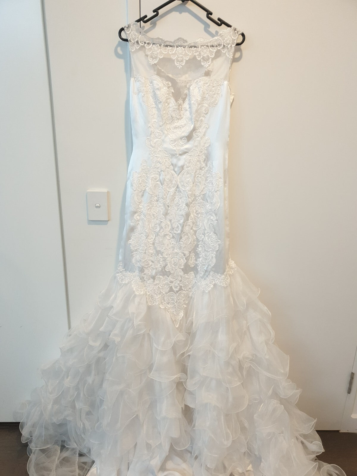 White satin applique organza ruffled wedding dress size 100