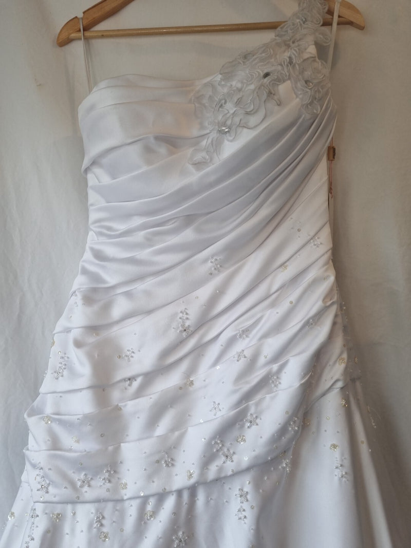 iModa White Satin A-line Beaded Sequin Pleated One Shoulder Wedding Dress Sz 102