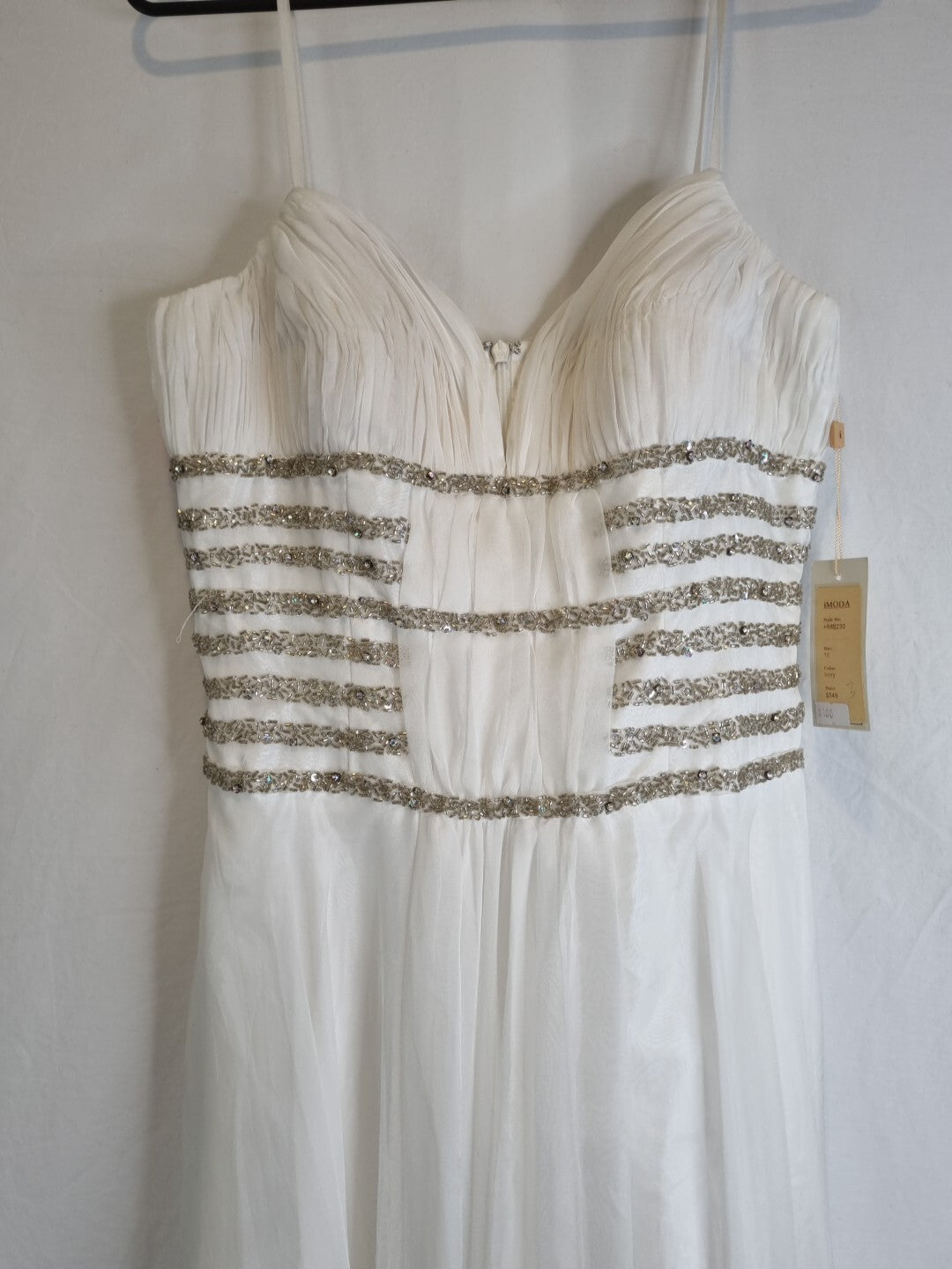 Imoda Ivory Chiffon Sweetheart Ruched Crystal Beaded Wedding Dress Sz 103