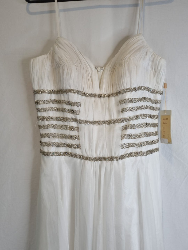 Imoda Ivory Chiffon Sweetheart Ruched Crystal Beaded Wedding Dress Sz 103