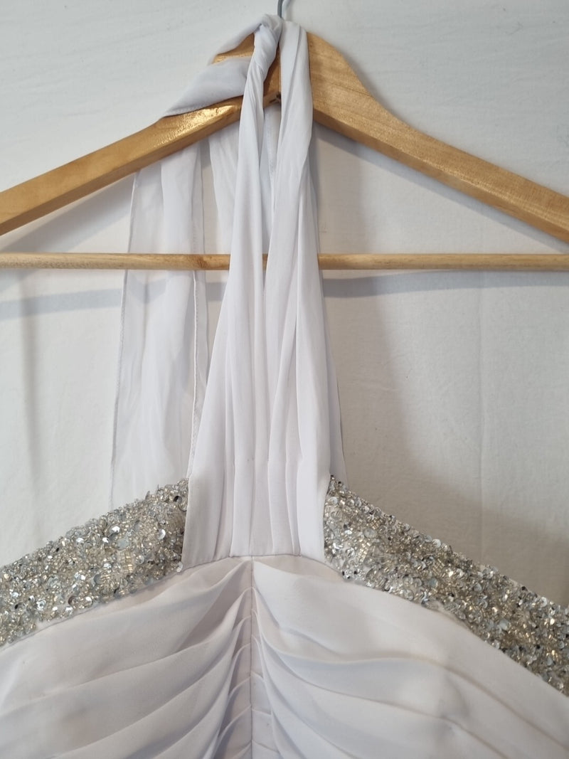 Imoda White Chiffon Beaded Ruch Halter Neck Empire Wedding Dress Sz 125