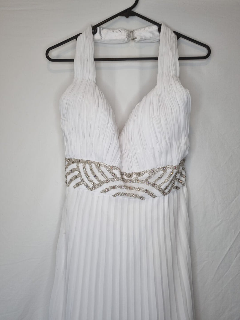 Imoda White Chiffon Ruched Pleated Beaded Grecian Empire Wedding Dress Sz 122