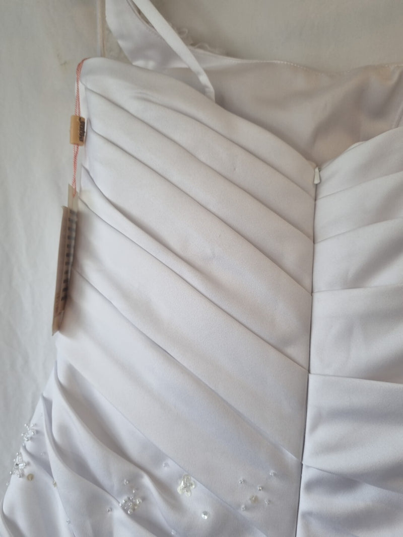 iModa White Satin A-line Beaded Sequin Pleated One Shoulder Wedding Dress Sz 1016