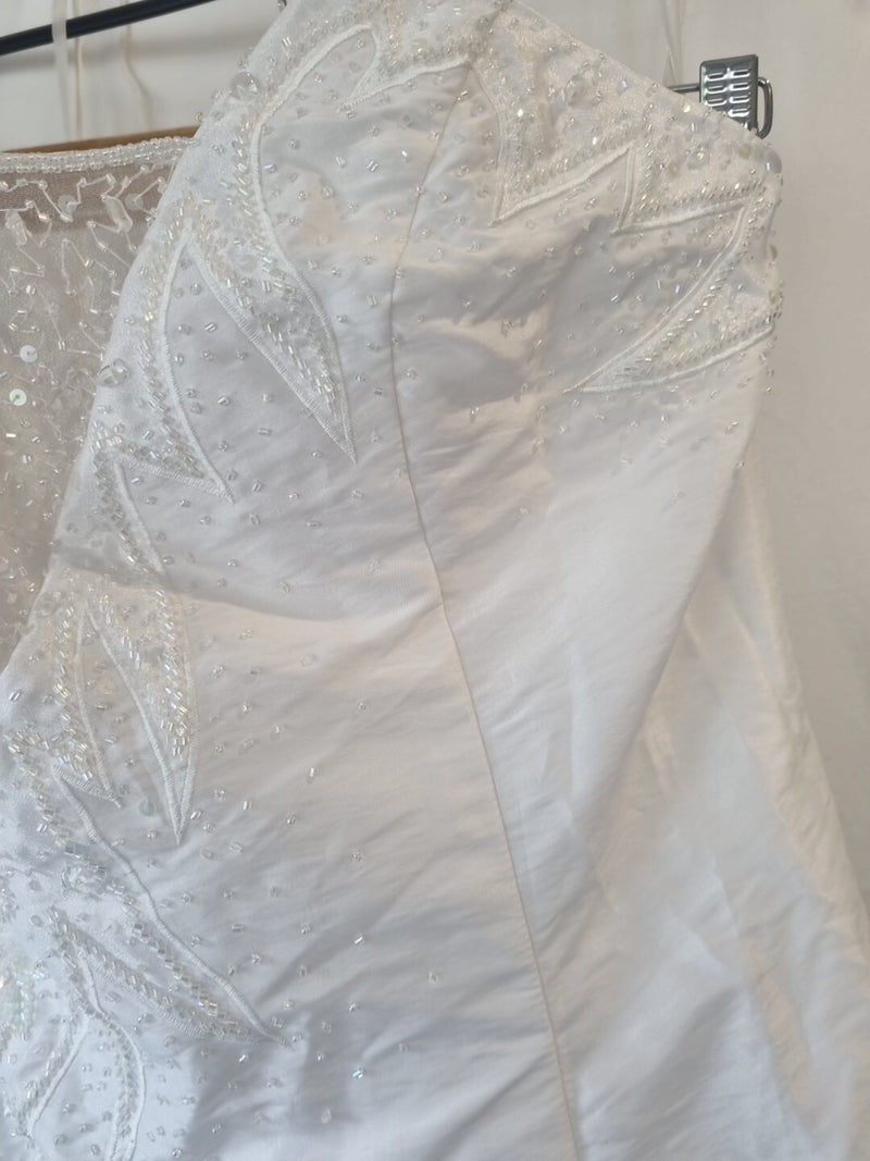iModa White Taffeta A-line Beaded Sequin Embroidered Strapless/strap Dress Sz 142