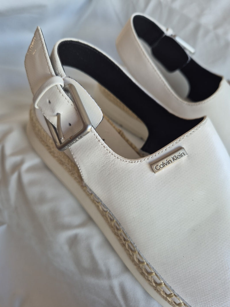 Calvin Klein White Sling Back Buckle Open Toe Espadrilles Shoes Size 395