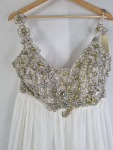 Imoda Ivory Chiffon Ruched Crystal Diamante Beaded Flowers Wedding Dress Sz 143