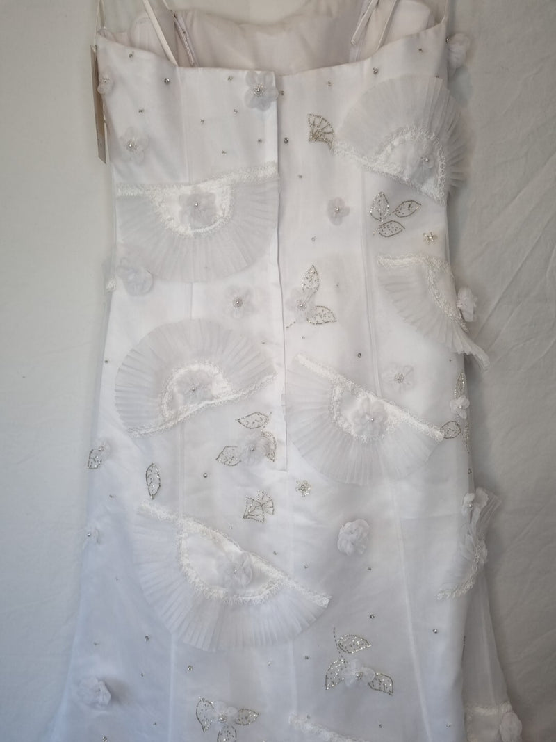 Isabella Faye White Organza Fan Embellished Beaded Train Wedding Dress Sz 1210