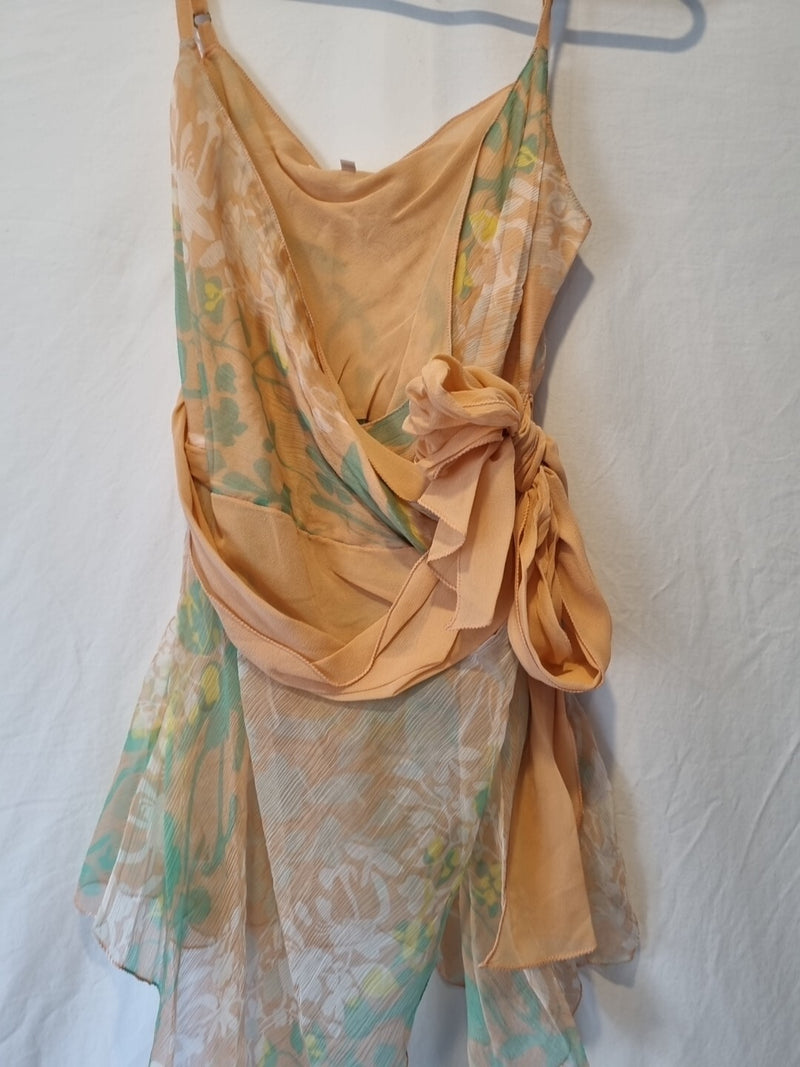 Imoda Chiffon Peach Floral Ruched Layered Wrap Casual Singlet Silk Top Size 81