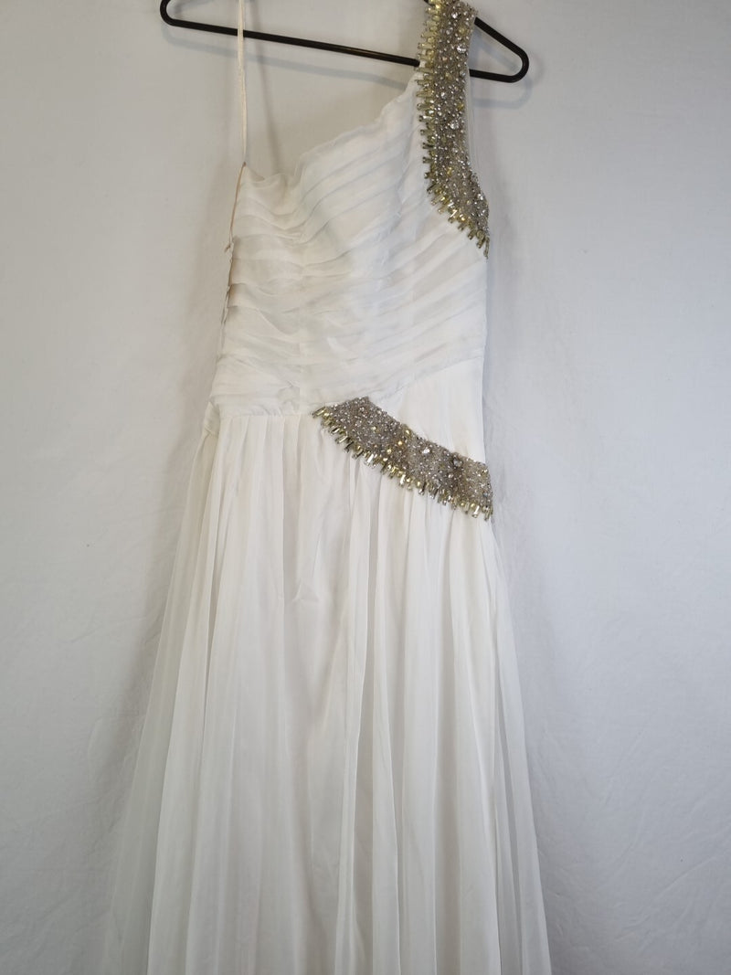 Imoda Ivory Chiffon One Shoulder Ruched Crystal Diamante Bead Wedding Dress Sz 87