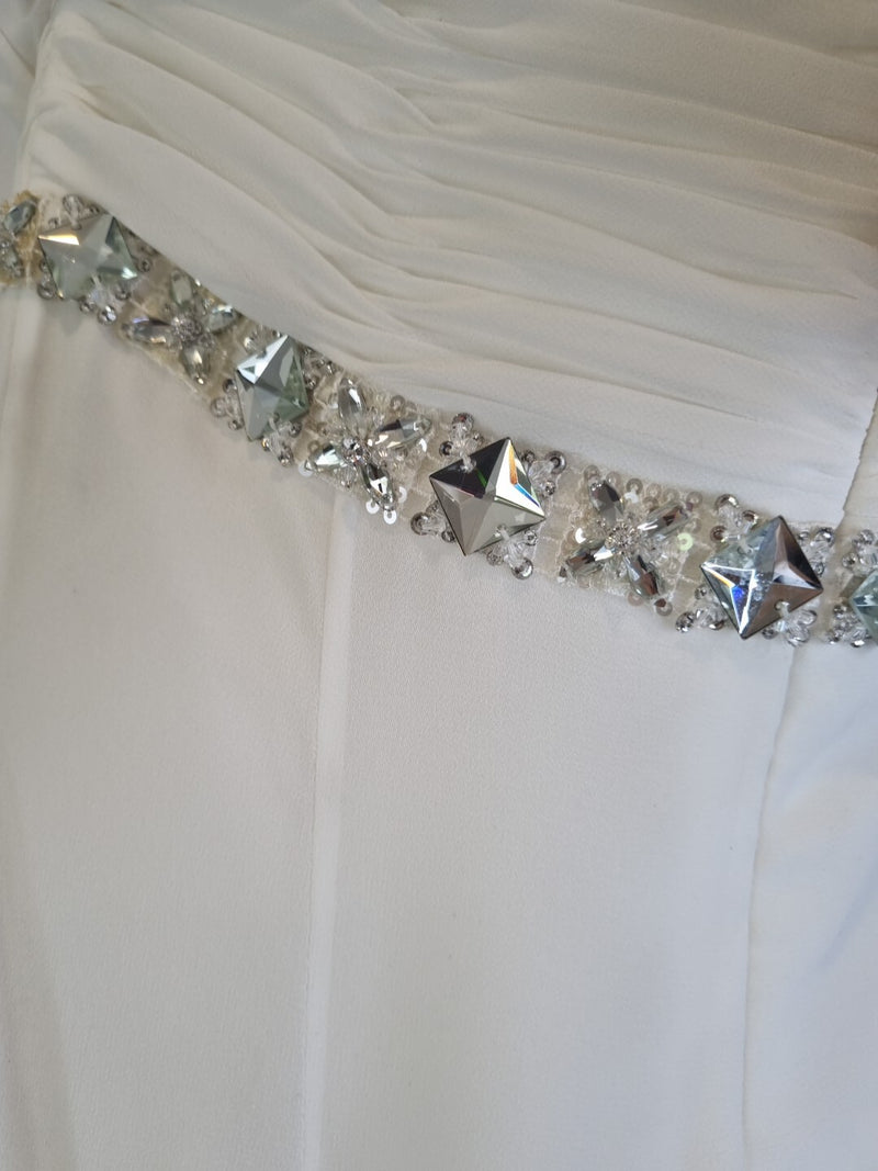 Imoda Ivory Chiffon Ruched Crystal Beaded Train Wedding Dress Sz 812