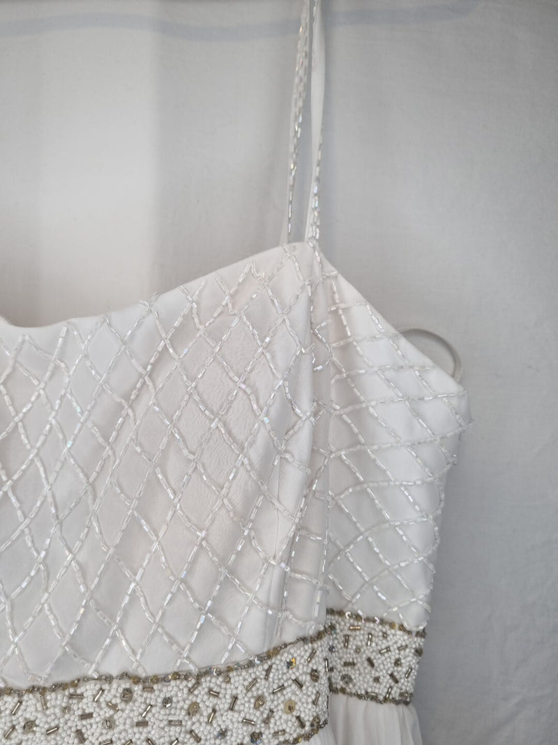 Imoda White Chiffon Pleated Beaded Tiered Strapped Wedding Dress Sz 105