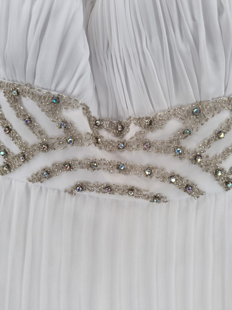 Imoda White Chiffon Ruched Pleated Beaded Grecian Empire Wedding Dress Sz 126