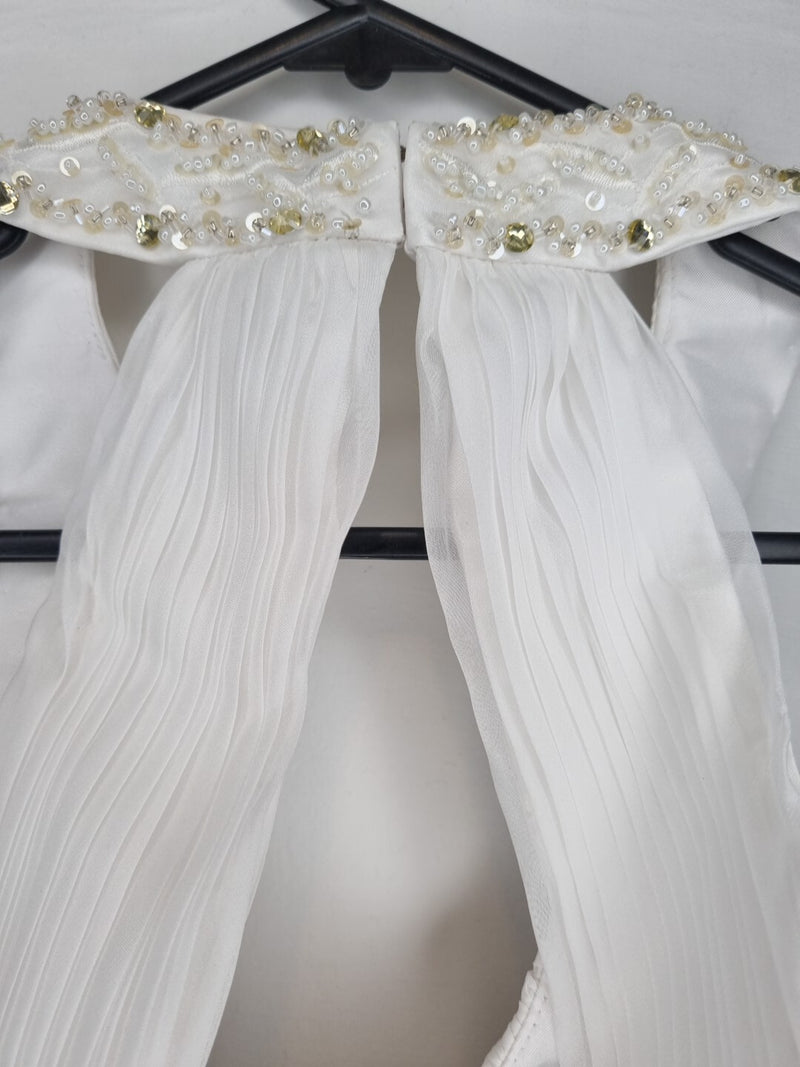 Imoda White Chiffon Ruched Beaded Round Neck High Back Wedding Dress Sz 810