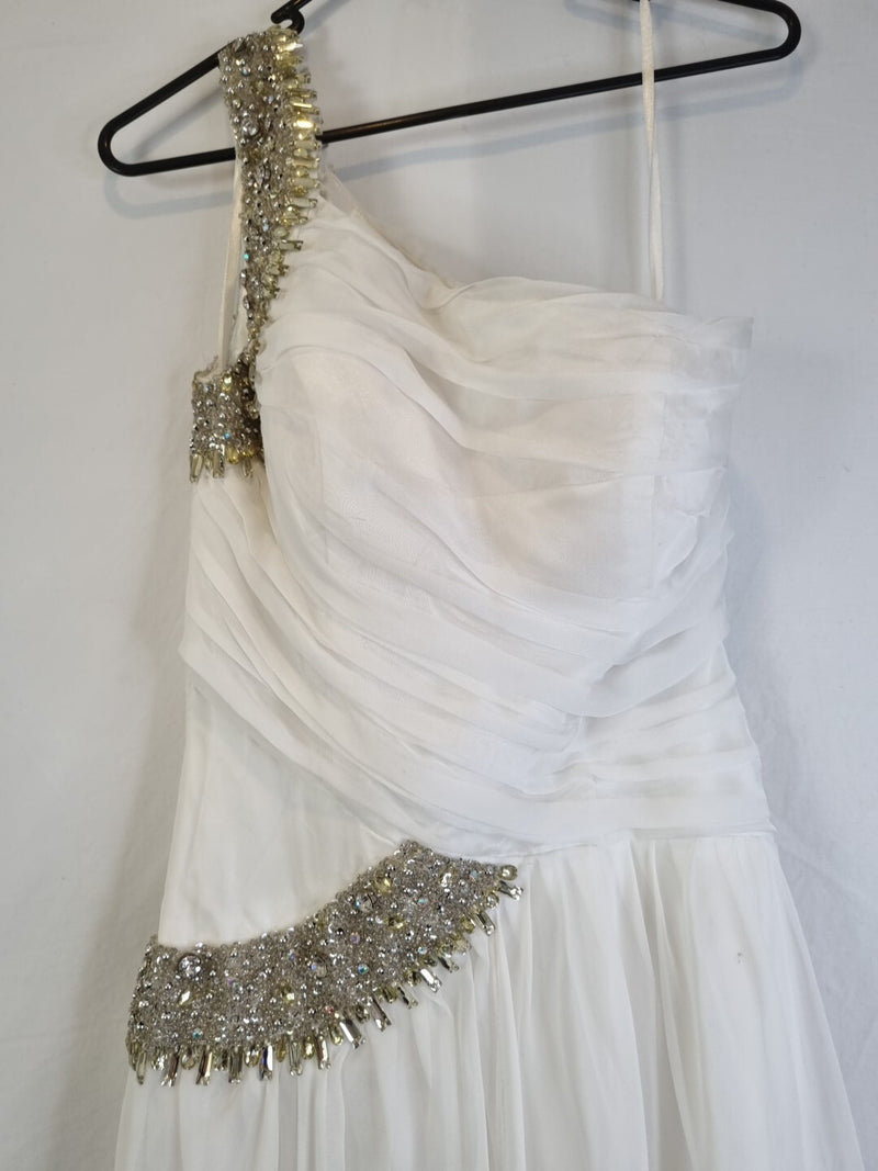 Imoda Ivory Chiffon One Shoulder Ruched Crystal Diamante Bead Wedding Dress Sz 82