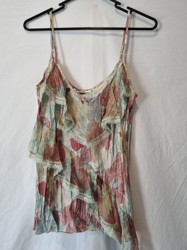 Imoda Pink Blue Beige Floral Ruffle Lace Layered Casual Singlet Silk Top Size M0
