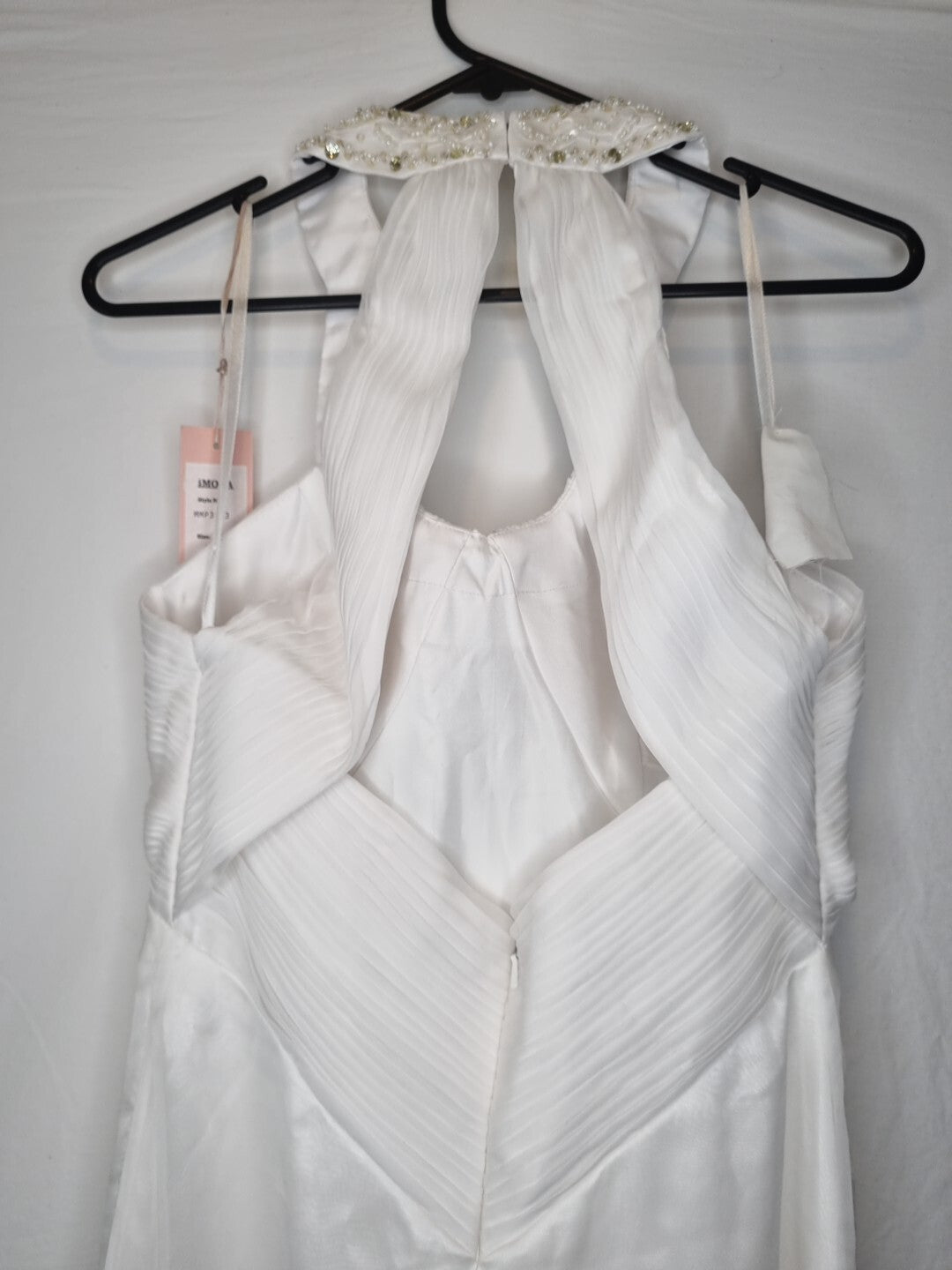 Imoda White Chiffon Ruched Beaded Round Neck High Back Wedding Dress Sz 89