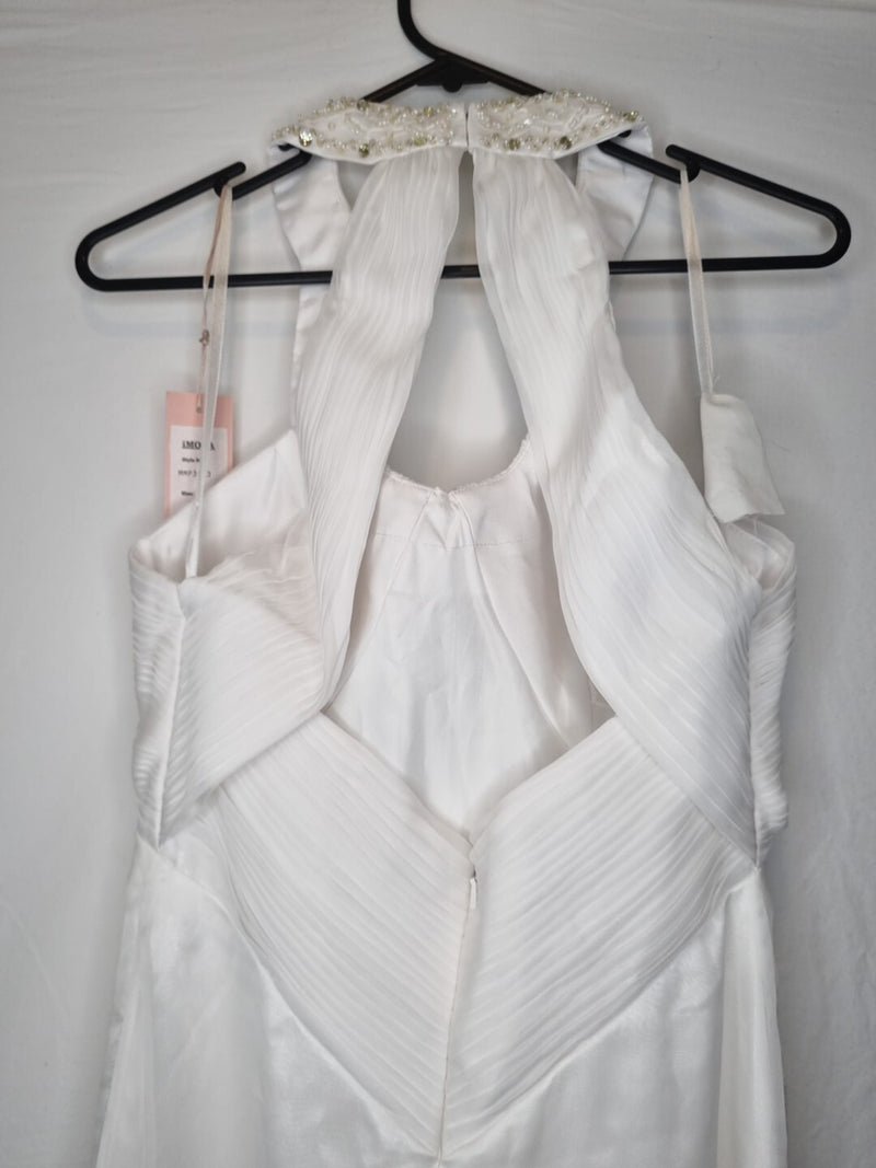 Imoda White Chiffon Ruched Beaded Round Neck High Back Wedding Dress Sz 89