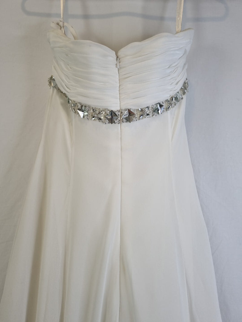Imoda Ivory Chiffon Ruched Crystal Beaded Train Wedding Dress Sz 810