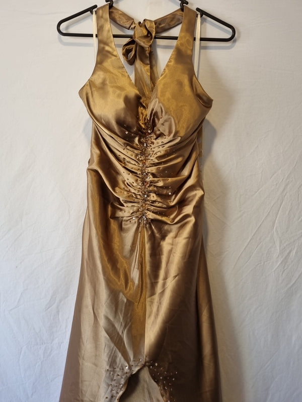 Imoda Brown Bronze Satin Ruched Beaded Halter Evening Bridesmaid Dress Sz 81