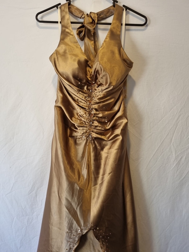 Imoda Brown Bronze Satin Ruched Beaded Halter Evening Bridesmaid Dress Sz 81