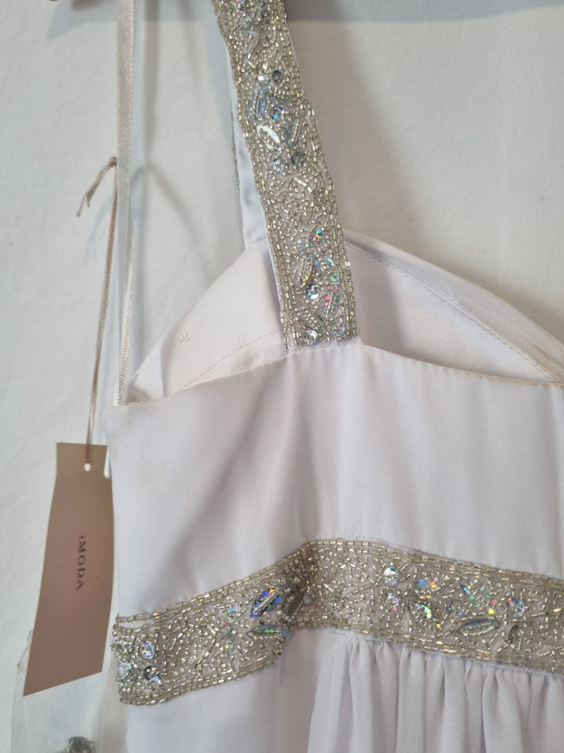 Imoda White Chiffon Sweetheart Beaded Ruched Empire Wedding Dress Sz 811