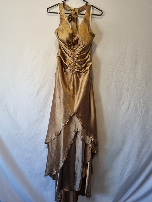 Imoda Brown Bronze Satin Ruched Beaded Halter Evening Bridesmaid Dress Sz 80