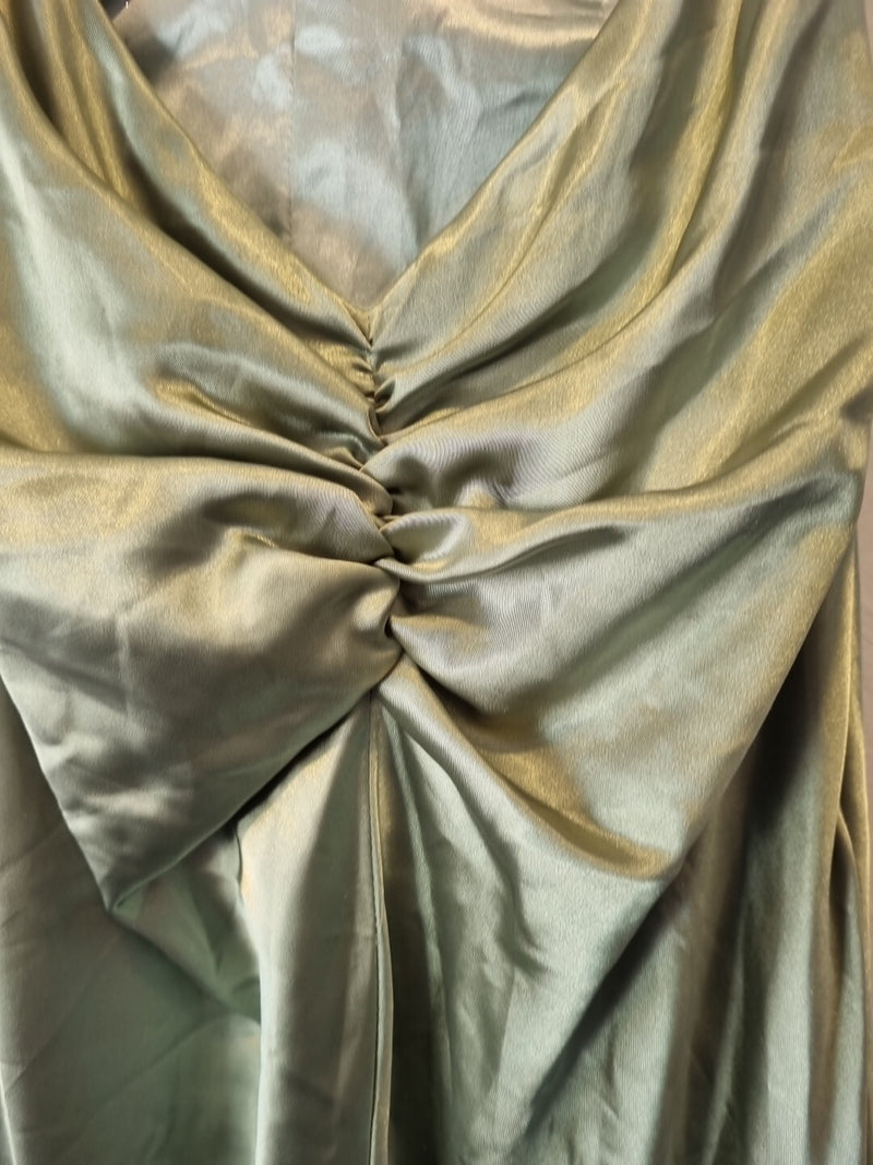 Giovanni Satin Green Ruched Beaded Halter Neck Evening Bridesmaid Dress Sz 1012