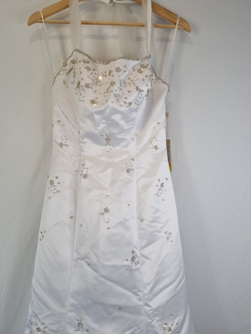 Imoda White Satin Tulle Beaded Sequin Backless Halter Neck Wedding Dress Sz 81